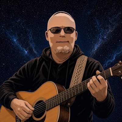 Illustrated portrait of David Michael M in sunglasses and a black hoodie, playing an acoustic guitar under a starry night sky